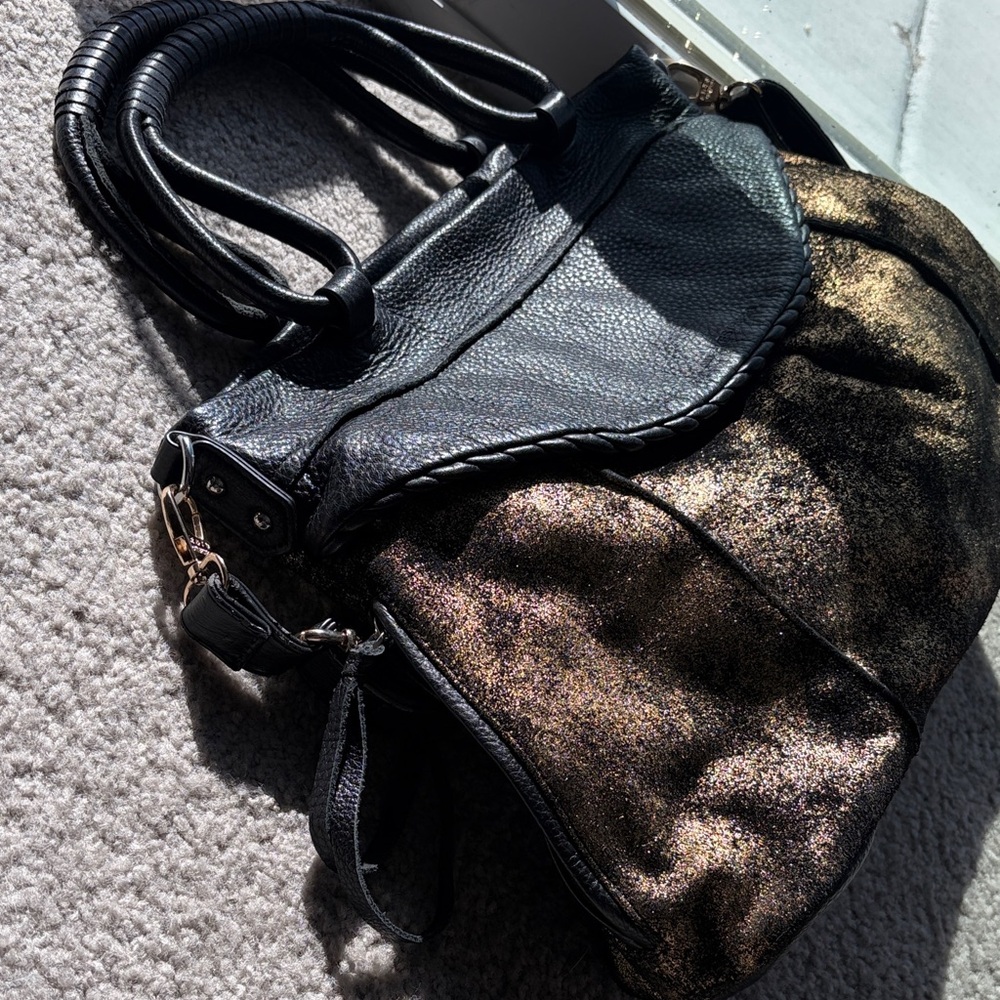 Aimee Kestenberg Black and Metallic Gold Shoulder Bag with Top Handles - Picture 4 of 12